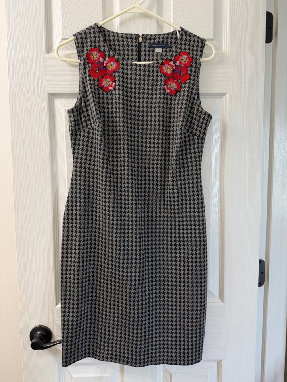 Tommy Hilfiger Black & Gray Houndstooth Midi Dress with Red Floral Embroidery